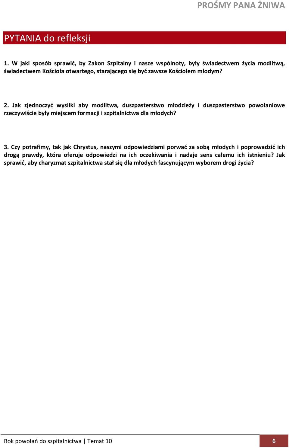 2. Jak zjednoczyć wysiłki aby modlitwa, duszpasterstwo młodzieży i duszpasterstwo powołaniowe rzeczywiście były miejscem formacji i szpitalnictwa dla młodych? 3.