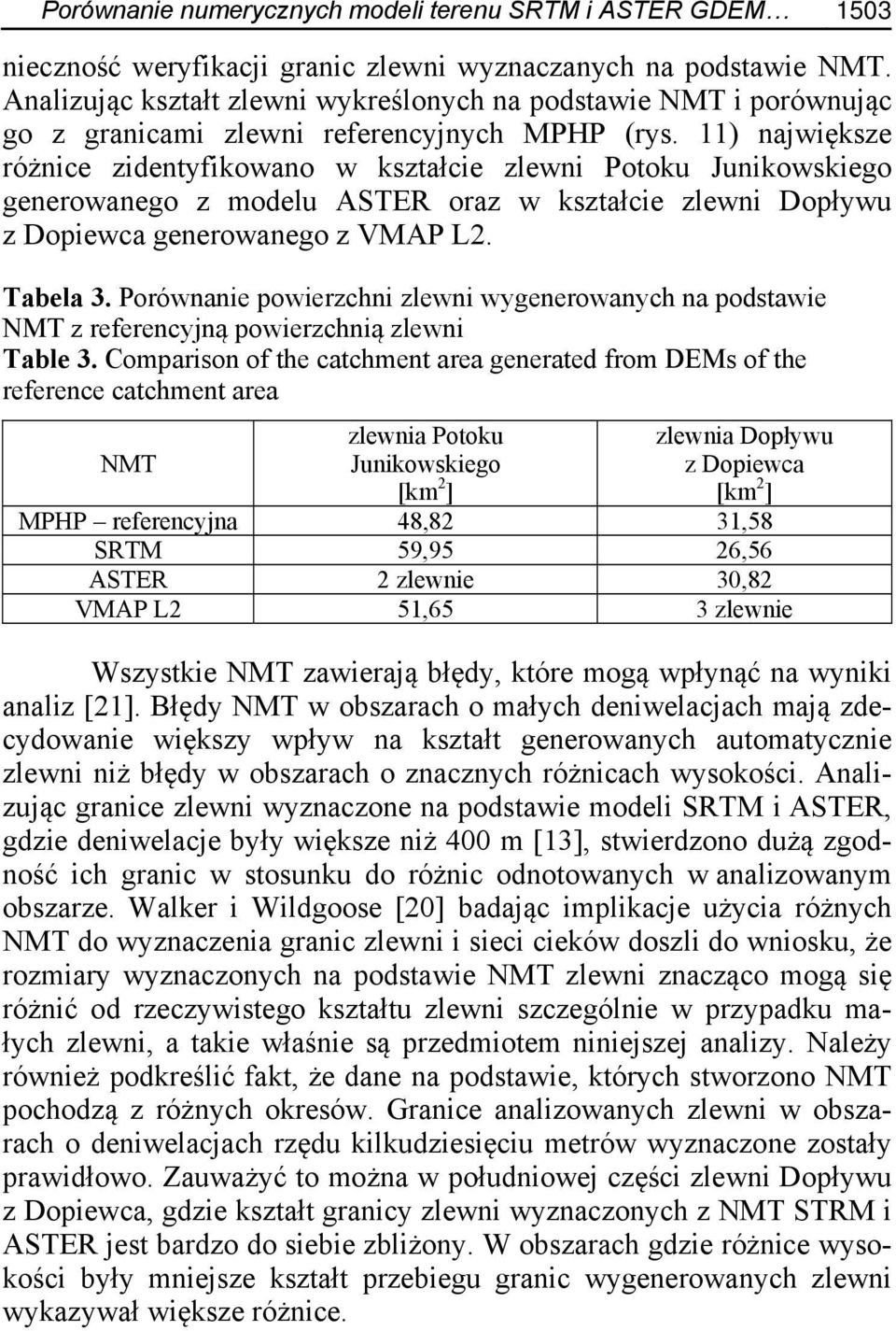 11) największe różnice zidentyfikowano w kształcie zlewni Potoku Junikowskiego generowanego z modelu ASTER oraz w kształcie zlewni Dopływu z Dopiewca generowanego z VMAP L2. Tabela 3.