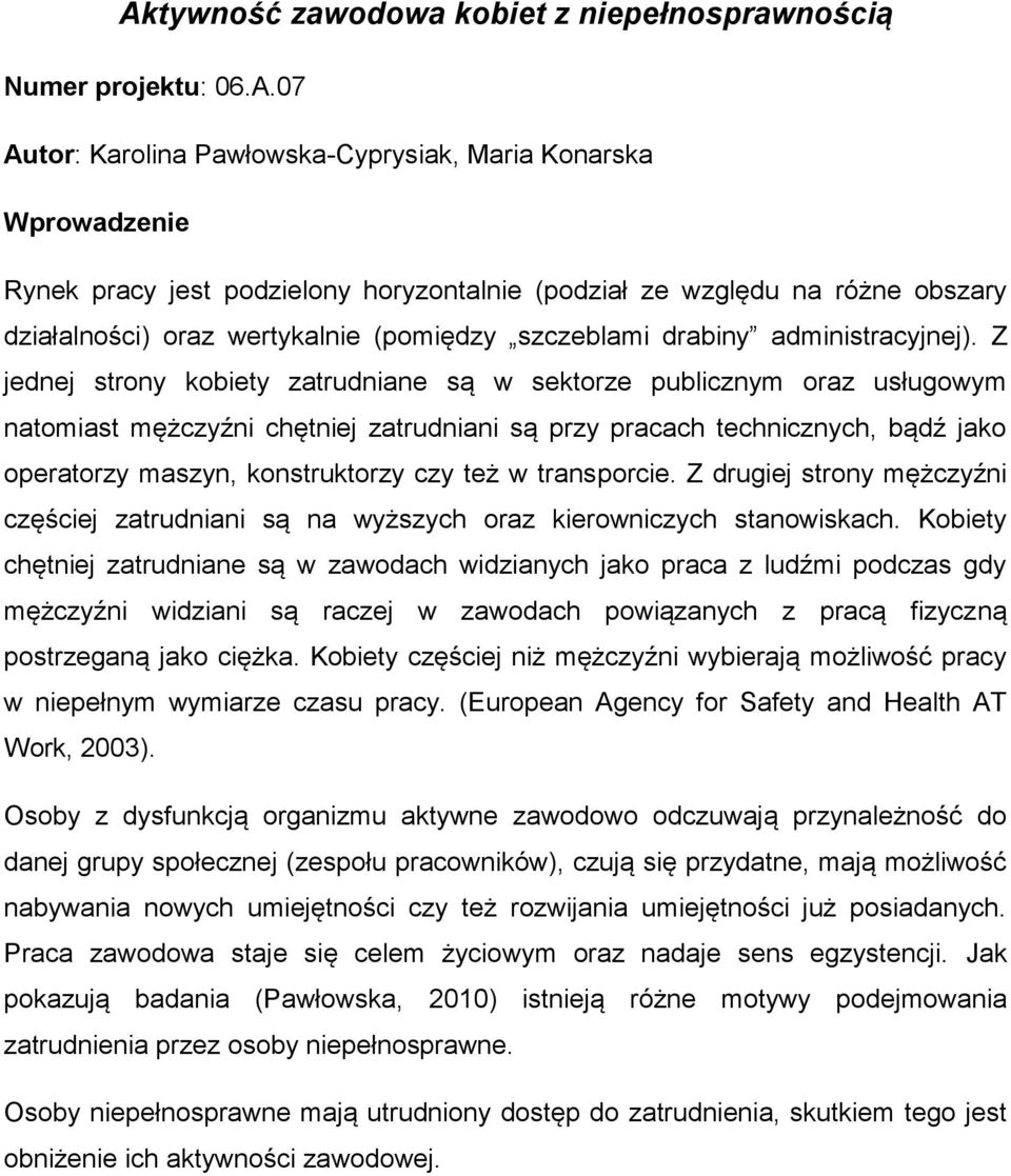 Z jednej strony kobiety zatrudniane są w sektorze publicznym oraz usługowym natomiast mężczyźni chętniej zatrudniani są przy pracach technicznych, bądź jako operatorzy maszyn, konstruktorzy czy też w