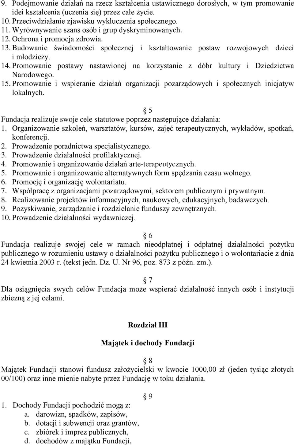 Promowanie postawy nastawionej na korzystanie z dóbr kultury i Dziedzictwa Narodowego. 15. Promowanie i wspieranie działań organizacji pozarządowych i społecznych inicjatyw lokalnych.