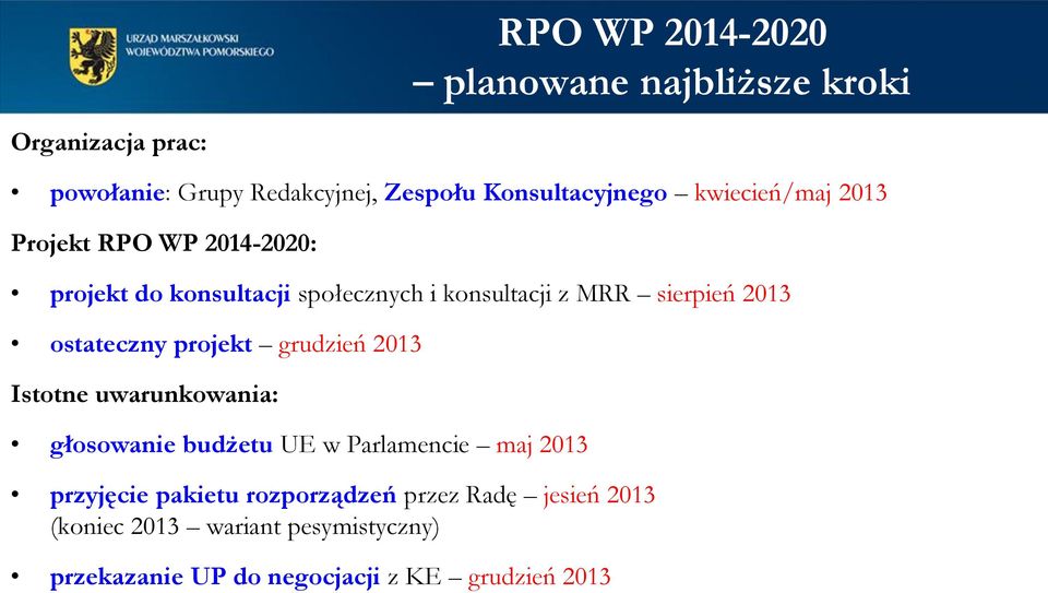 ostateczny projekt grudzień 2013 Istotne uwarunkowania: głosowanie budżetu UE w Parlamencie maj 2013 przyjęcie