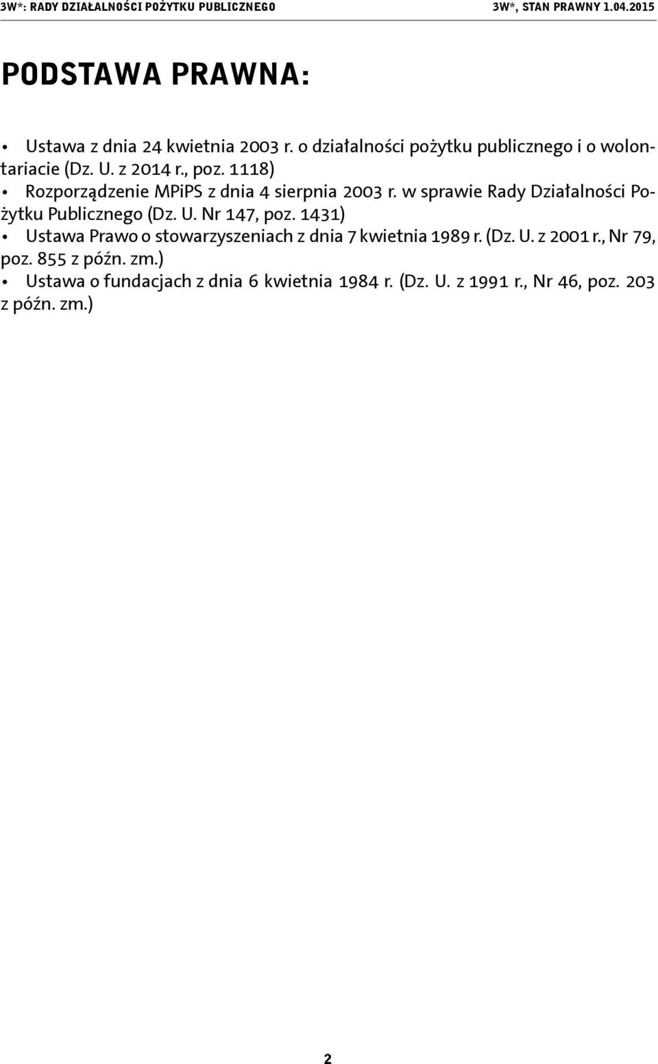 w sprawie Rady Działalności Pożytku Publicznego (Dz. U. Nr 147, poz. 1431) Ustawa Prawo o stowarzyszeniach z dnia 7 kwietnia 1989 r.