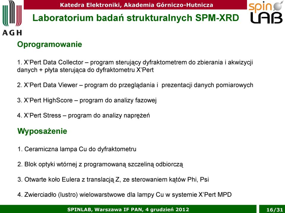 X Pert Data Viewer program do przeglądania i prezentacji danych pomiarowych 3. X Pert HighScore program do analizy fazowej 4.