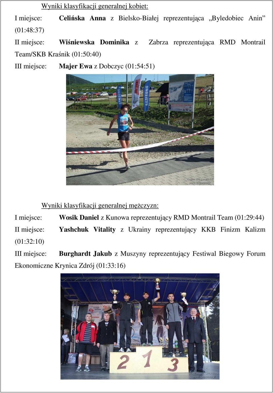 klasyfikacji generalnej mężczyzn: I miejsce: Wosik Daniel z Kunowa reprezentujący RMD Montrail Team (01:29:44) II miejsce: Yashchuk Vitality z