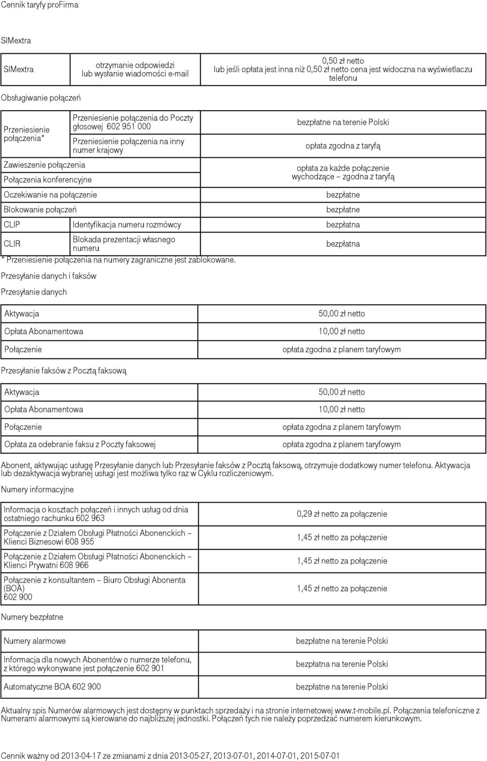 połączenia na inny numer krajowy bezpłatne na terenie Polski opłata zgodna z taryfą opłata za każde połączenie wychodzące zgodna z taryfą bezpłatne bezpłatne CLIP Identyfikacja numeru rozmówcy CLIR