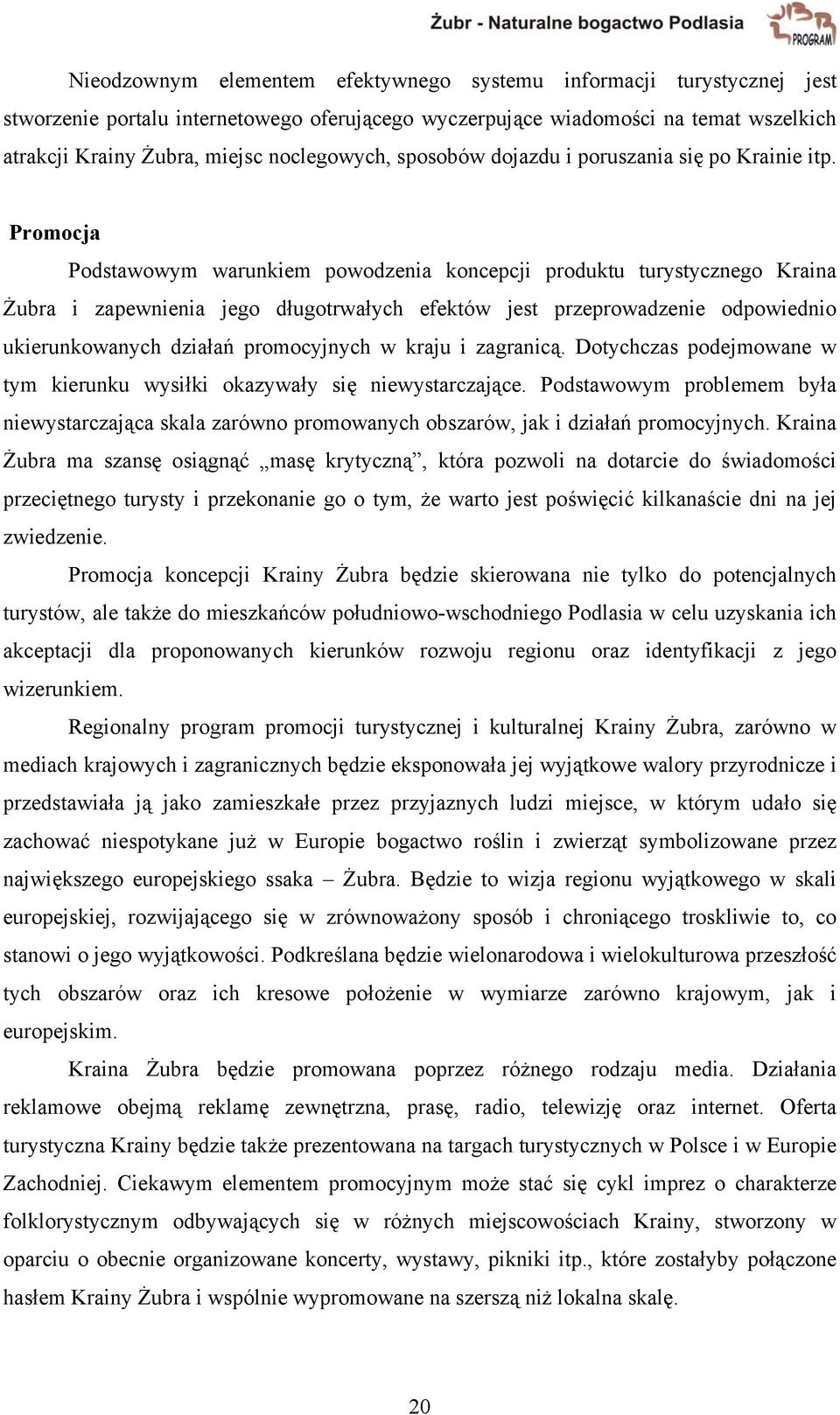 Promocja Podstawowym warunkiem powodzenia koncepcji produktu turystycznego Kraina Żubra i zapewnienia jego długotrwałych efektów jest przeprowadzenie odpowiednio ukierunkowanych działań promocyjnych