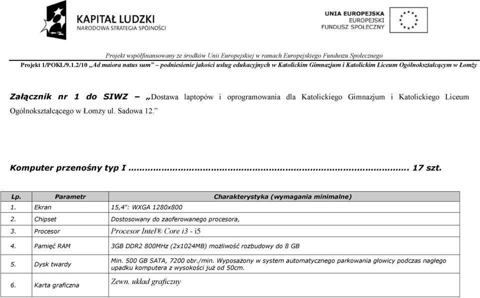 Chipset Dostosowany do zaoferowanego procesora, 3. Procesor Procesor Intel Core i3 - i5 4.