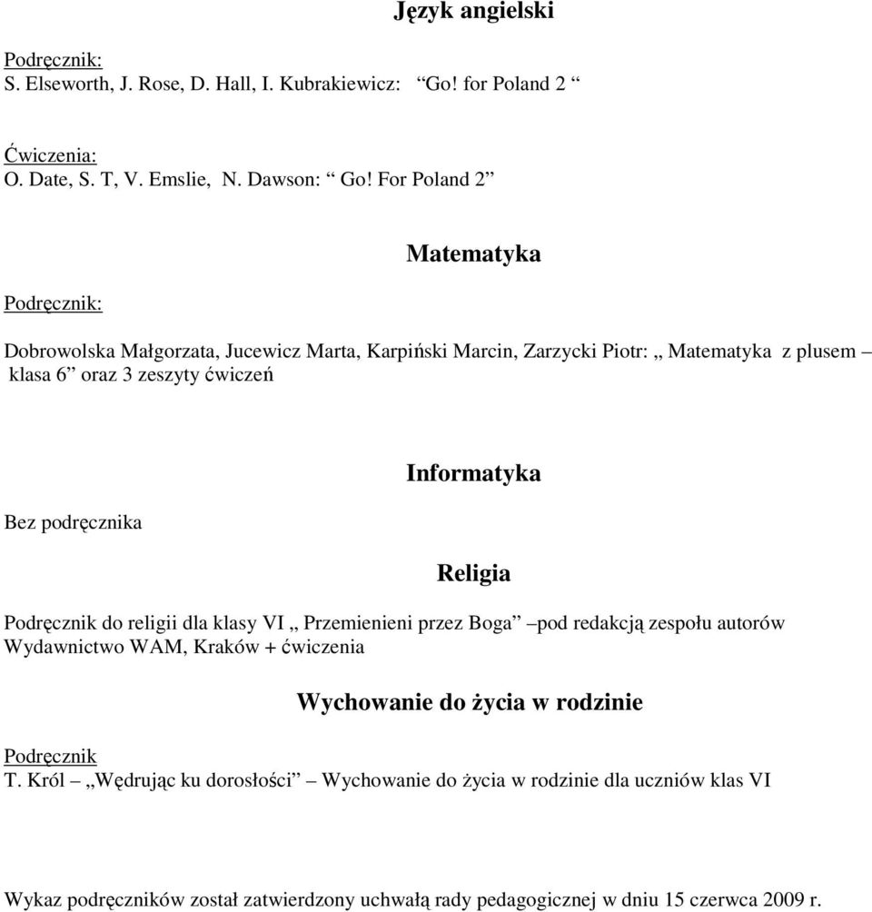 religii dla klasy VI Przemienieni przez Boga pod redakcją zespołu autorów Wydawnictwo WAM, Kraków + ćwiczenia Wychowanie do Ŝycia w rodzinie