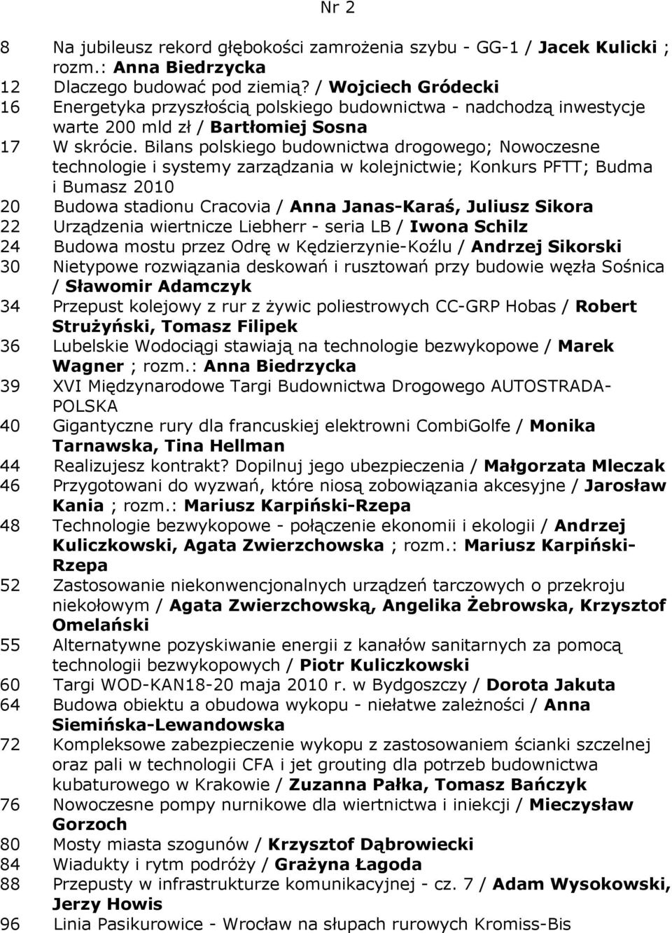 Bilans polskiego budownictwa drogowego; Nowoczesne technologie i systemy zarządzania w kolejnictwie; Konkurs PFTT; Budma i Bumasz 2010 20 Budowa stadionu Cracovia / Anna Janas-Karaś, Juliusz Sikora