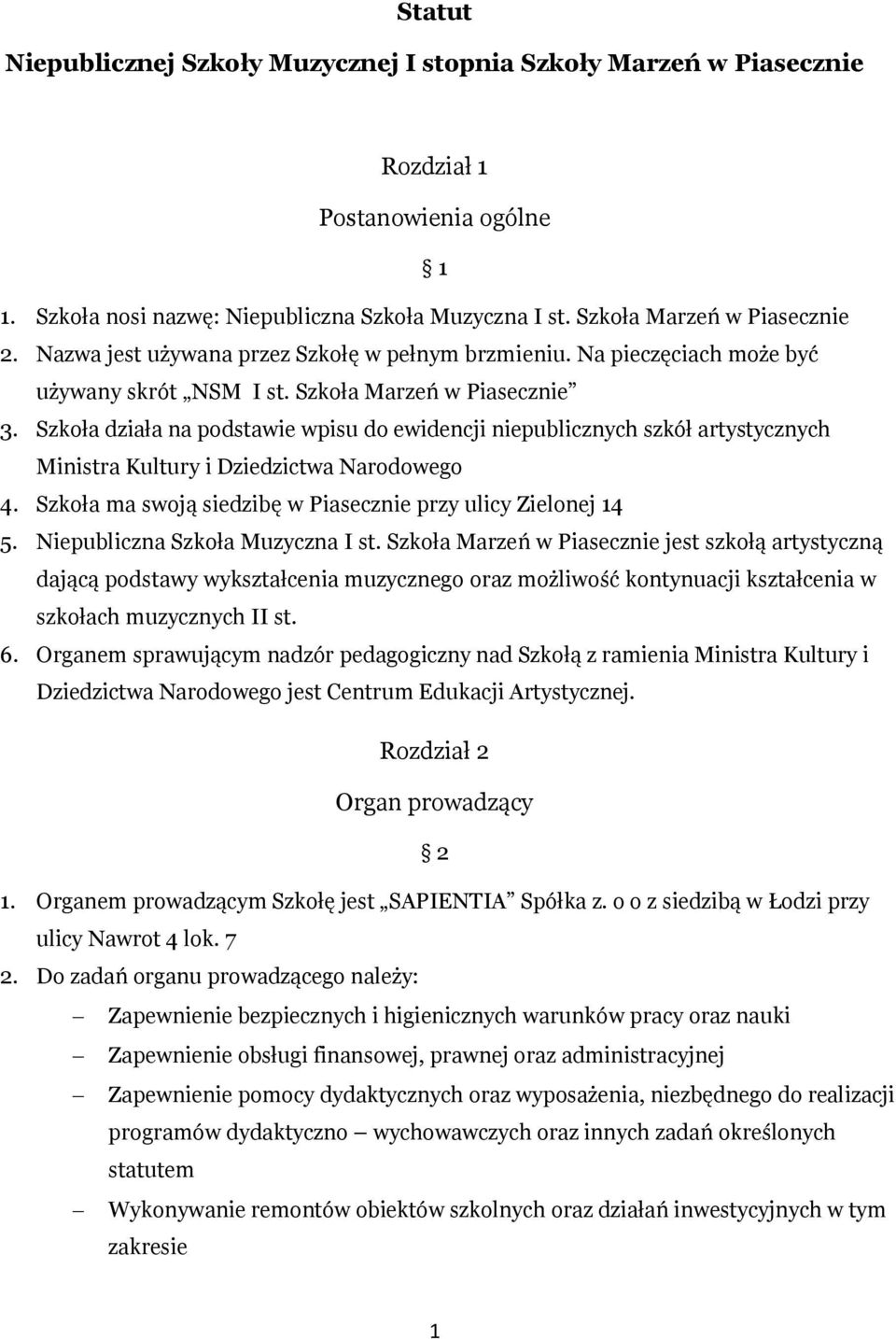 Szkoła działa na podstawie wpisu do ewidencji niepublicznych szkół artystycznych Ministra Kultury i Dziedzictwa Narodowego 4. Szkoła ma swoją siedzibę w Piasecznie przy ulicy Zielonej 14 5.