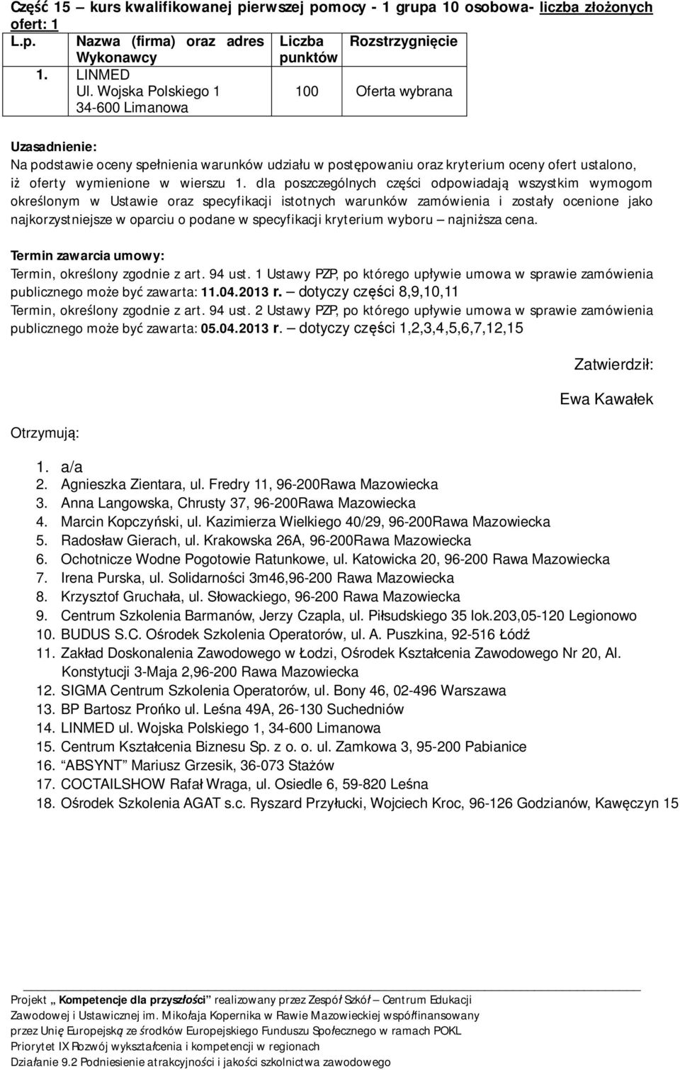 dla poszczególnych cz ci odpowiadaj wszystkim wymogom okre lonym w Ustawie oraz specyfikacji istotnych warunków zamówienia i zosta y ocenione jako najkorzystniejsze w oparciu o podane w specyfikacji