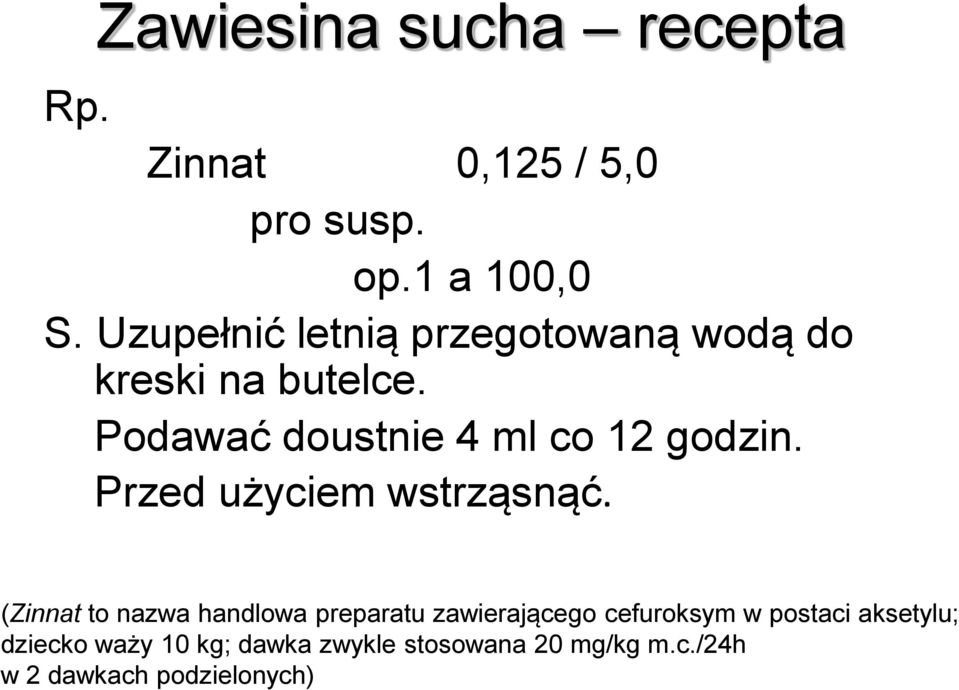 Podawać doustnie 4 ml co 12 godzin. Przed użyciem wstrząsnąć.