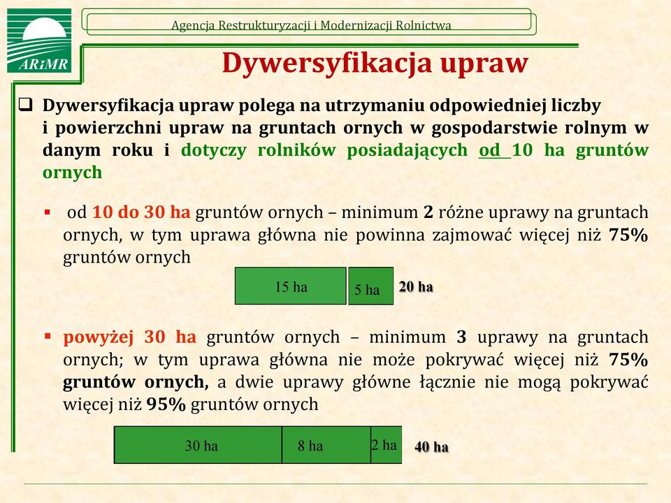 uprawa główna nie powinna zajmować więcej niż 75% gruntów ornych 15 ha 5 ha 20 ha powyżej 30 ha gruntów ornych minimum 3 uprawy na gruntach ornych; w