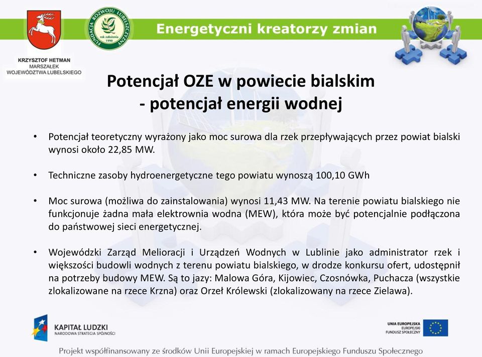 Na terenie powiatu bialskiego nie funkcjonuje żadna mała elektrownia wodna (MEW), która może być potencjalnie podłączona do państwowej sieci energetycznej.