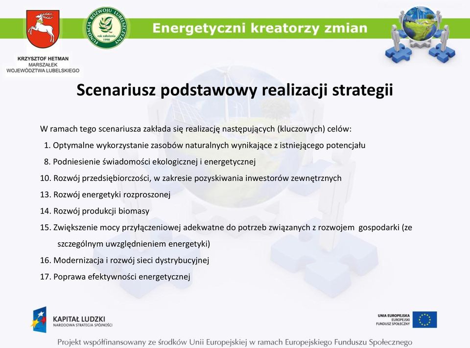 Rozwój przedsiębiorczości, w zakresie pozyskiwania inwestorów zewnętrznych 13. Rozwój energetyki rozproszonej 14. Rozwój produkcji biomasy 15.