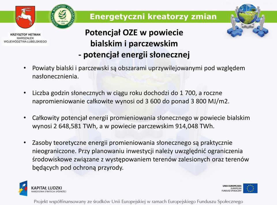 Całkowity potencjał energii promieniowania słonecznego w powiecie bialskim wynosi 2 648,581 TWh, a w powiecie parczewskim 914,048 TWh.