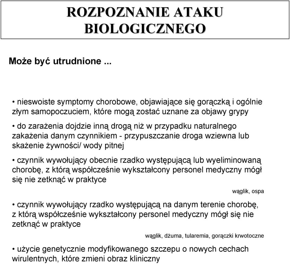 zakażenia danym czynnikiem - przypuszczanie droga wziewna lub skażenie żywności/ wody pitnej czynnik wywołujący obecnie rzadko występującą lub wyeliminowaną chorobę, z którą współcześnie