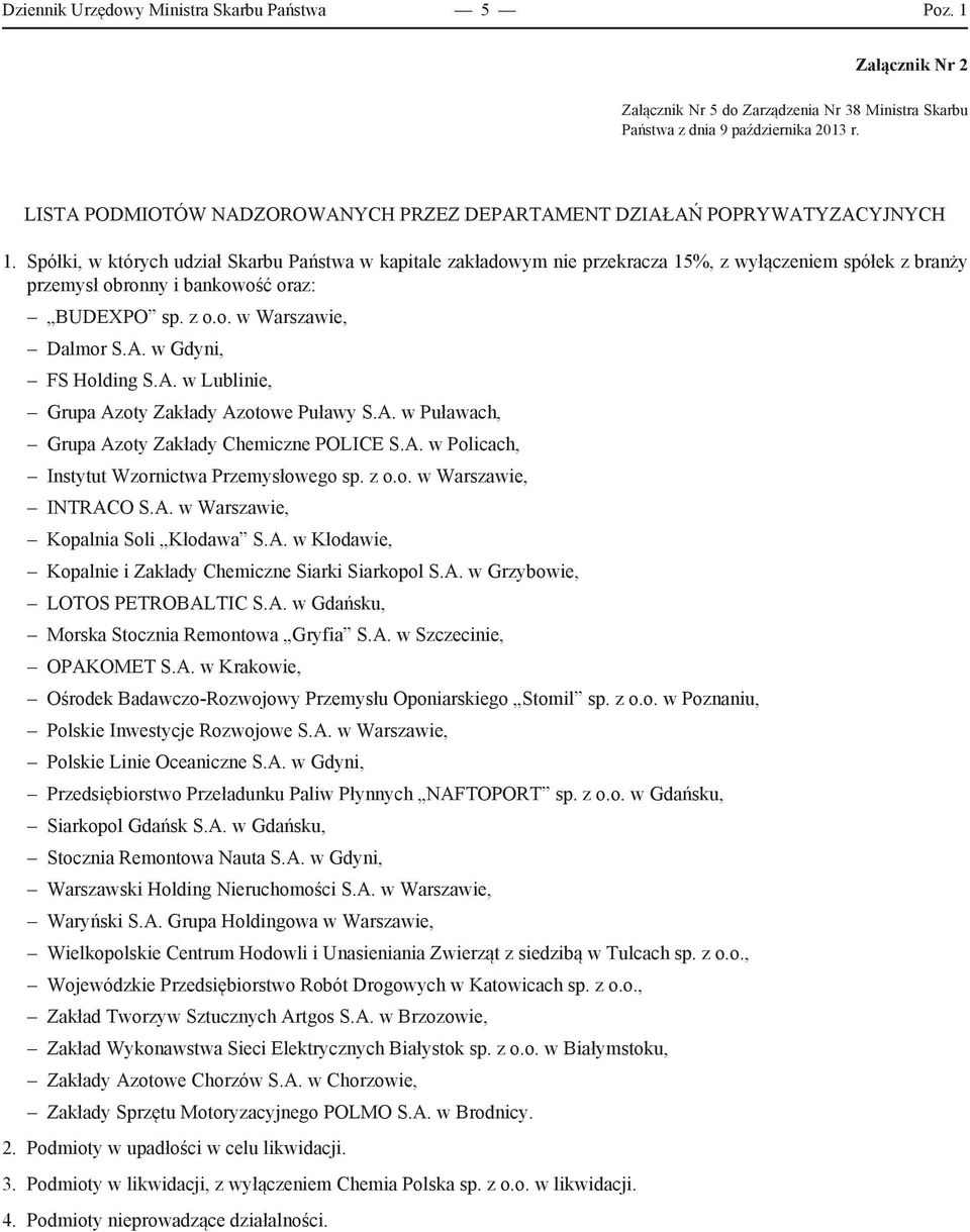 Spółki, w których udział Skarbu Państwa w kapitale zakładowym nie przekracza 15%, z wyłączeniem spółek z branży przemysł obronny i bankowość oraz: BUDEXPO sp. z o.o. w Warszawie, Dalmor S.A.