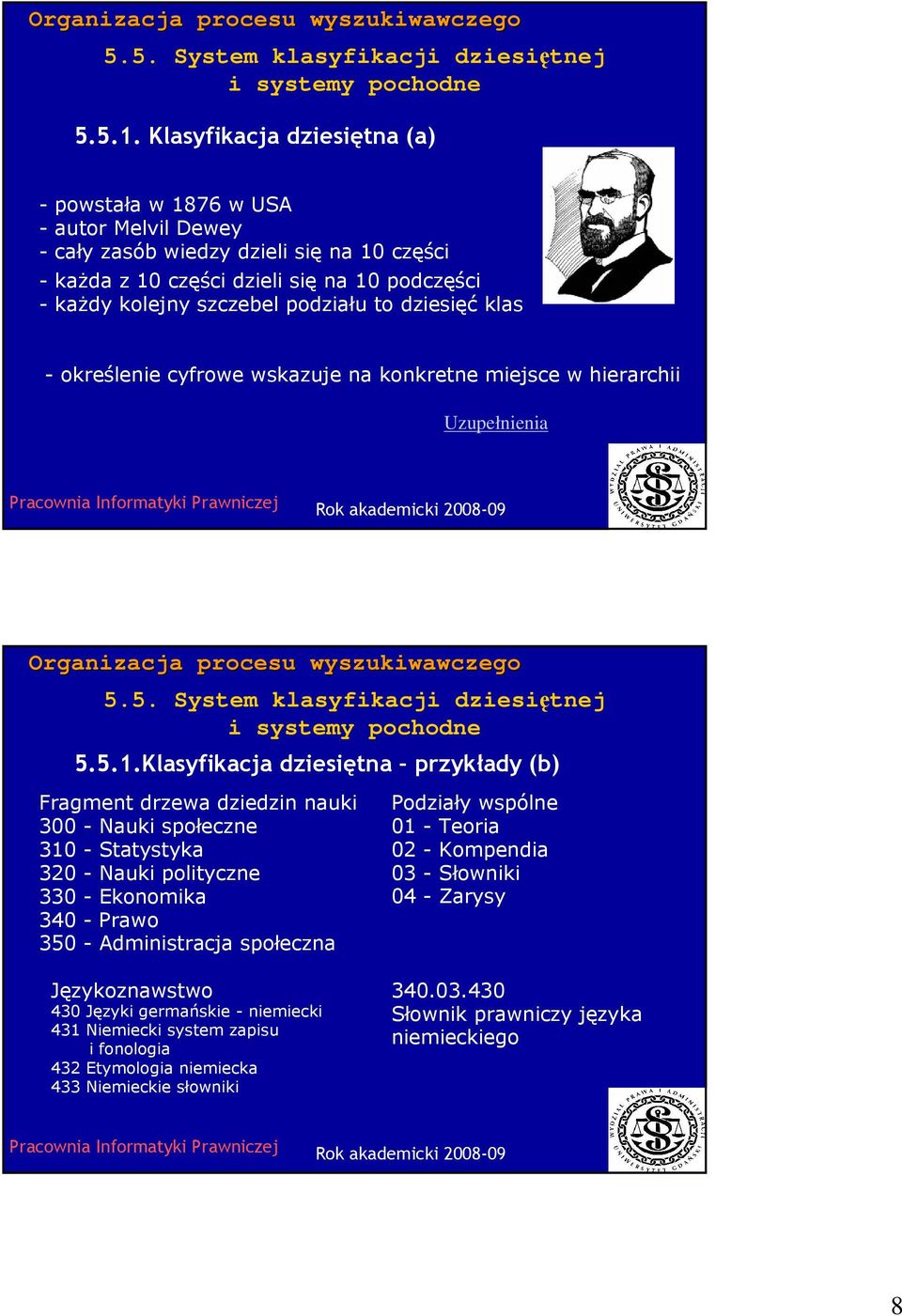 to dziesięć klas - określenie cyfrowe wskazuje na konkretne miejsce w hierarchii Uzupełnienia Klasyfikacja dziesiętna przykłady (b) Fragment drzewa dziedzin nauki 300 - Nauki społeczne 310 -