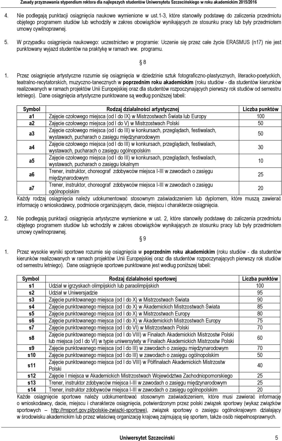W przypadku osiągnięcia naukowego: uczestnictwo w programie: Uczenie się przez całe życie ERASMUS (n17) nie jest punktowany wyjazd studentów na praktykę w ramach ww. programu. 8 1.