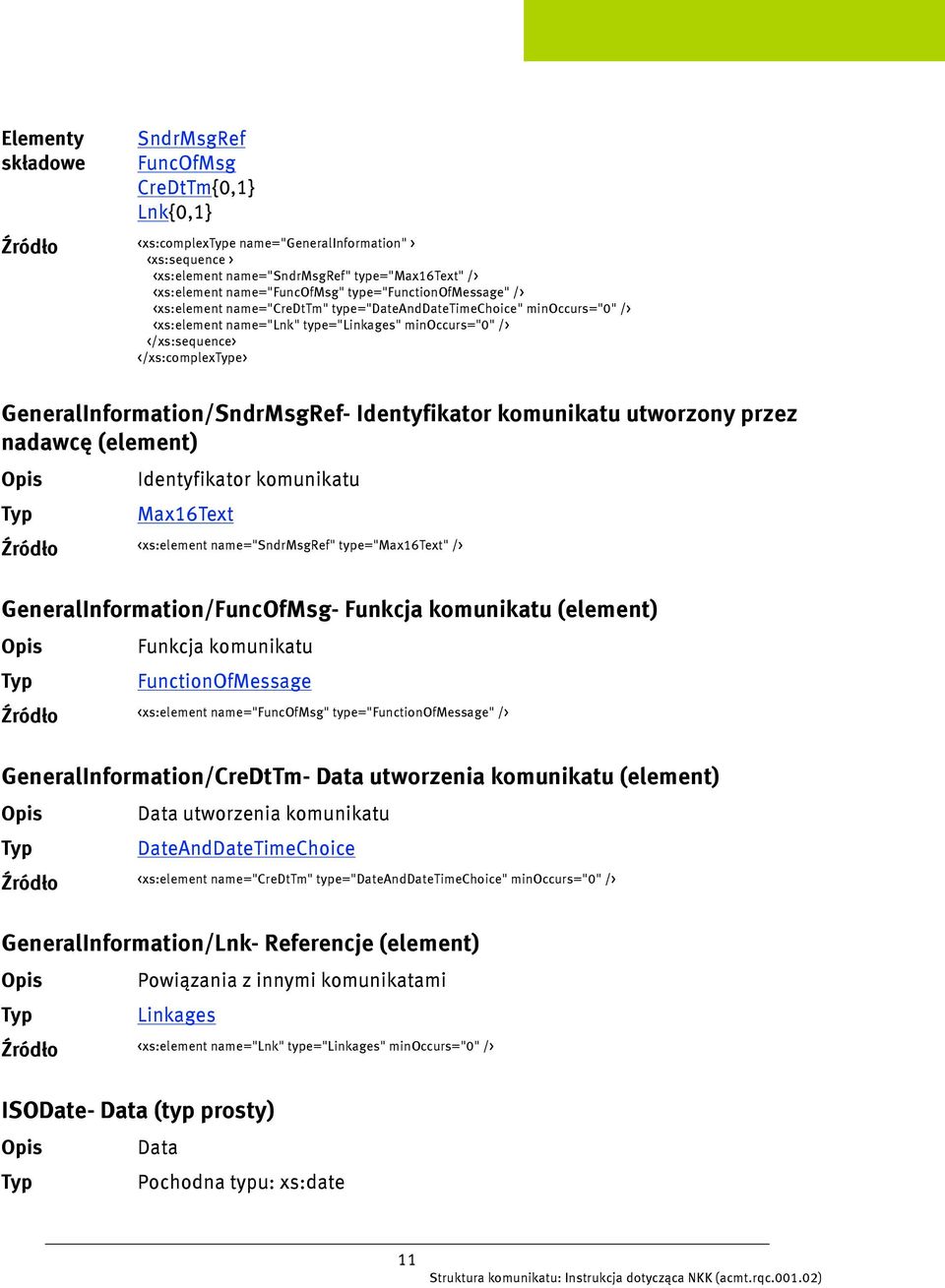 utworzony przez nadawcę (element) Identyfikator komunikatu Max16Text <xs:element name="sndrmsgref" type="max16text" /> GeneralInformation/FuncOfMsg- Funkcja komunikatu (element) Funkcja komunikatu