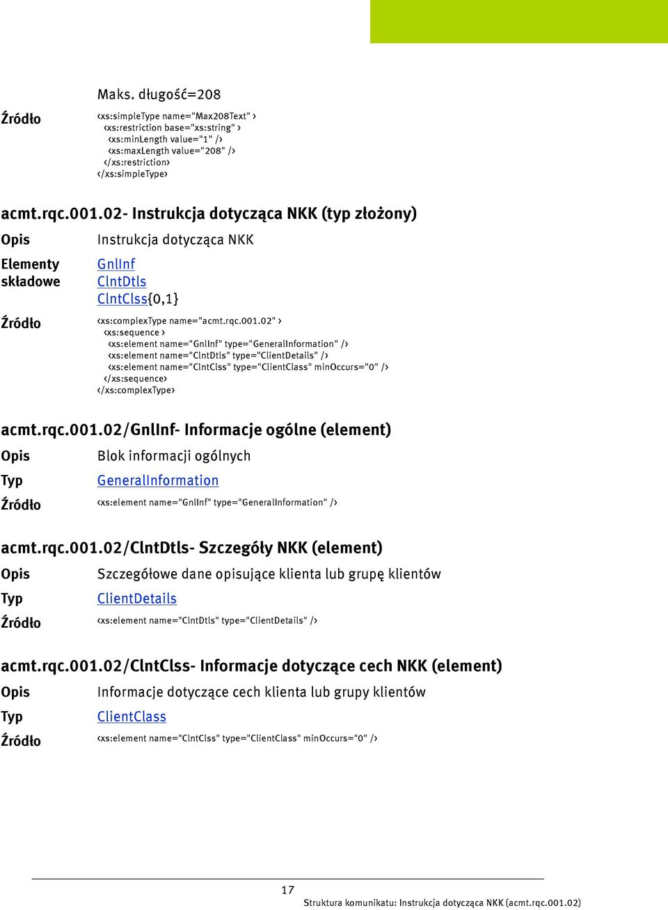 02" > <xs:element name="gnlinf" type="generalinformation" /> <xs:element name="clntdtls" type="clientdetails" /> <xs:element name="clntclss" type="clientclass" minoccurs="0" /> </xs:complexe> acmt.