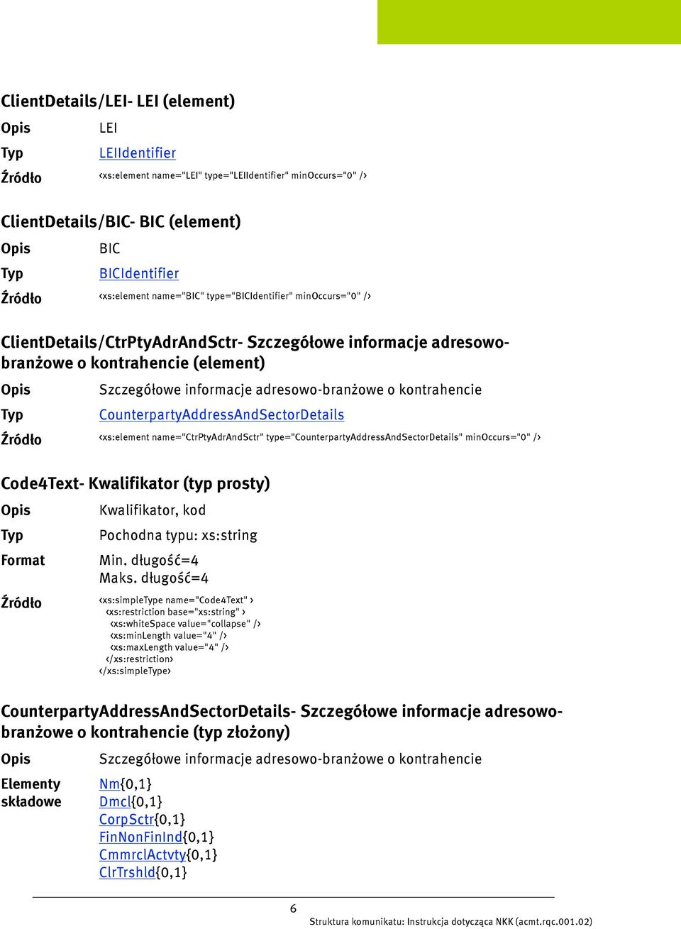 CounterpartyAddressAndSectorDetails <xs:element name="ctrptyadrandsctr" type="counterpartyaddressandsectordetails" minoccurs="0" /> Code4Text- Kwalifikator (typ prosty) Kwalifikator, kod Min.