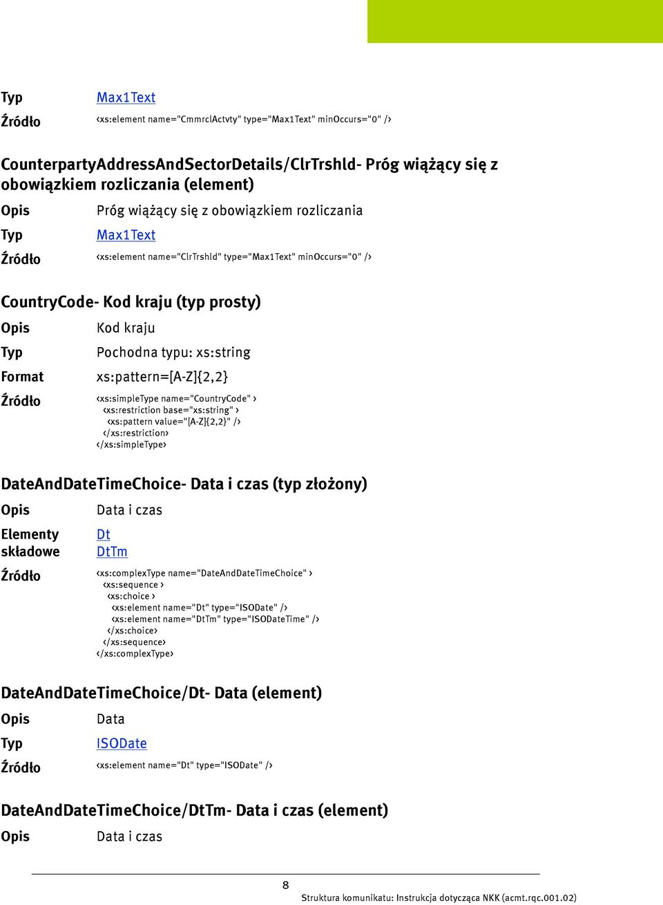 <xs:pattern value="[a-z]{2,2}" /> </xs:simplee> DateAndDateTimeChoice- Data i czas (typ złożony) Elementy Data i czas Dt DtTm <xs:complexe name="dateanddatetimechoice" > <xs:choice > <xs:element