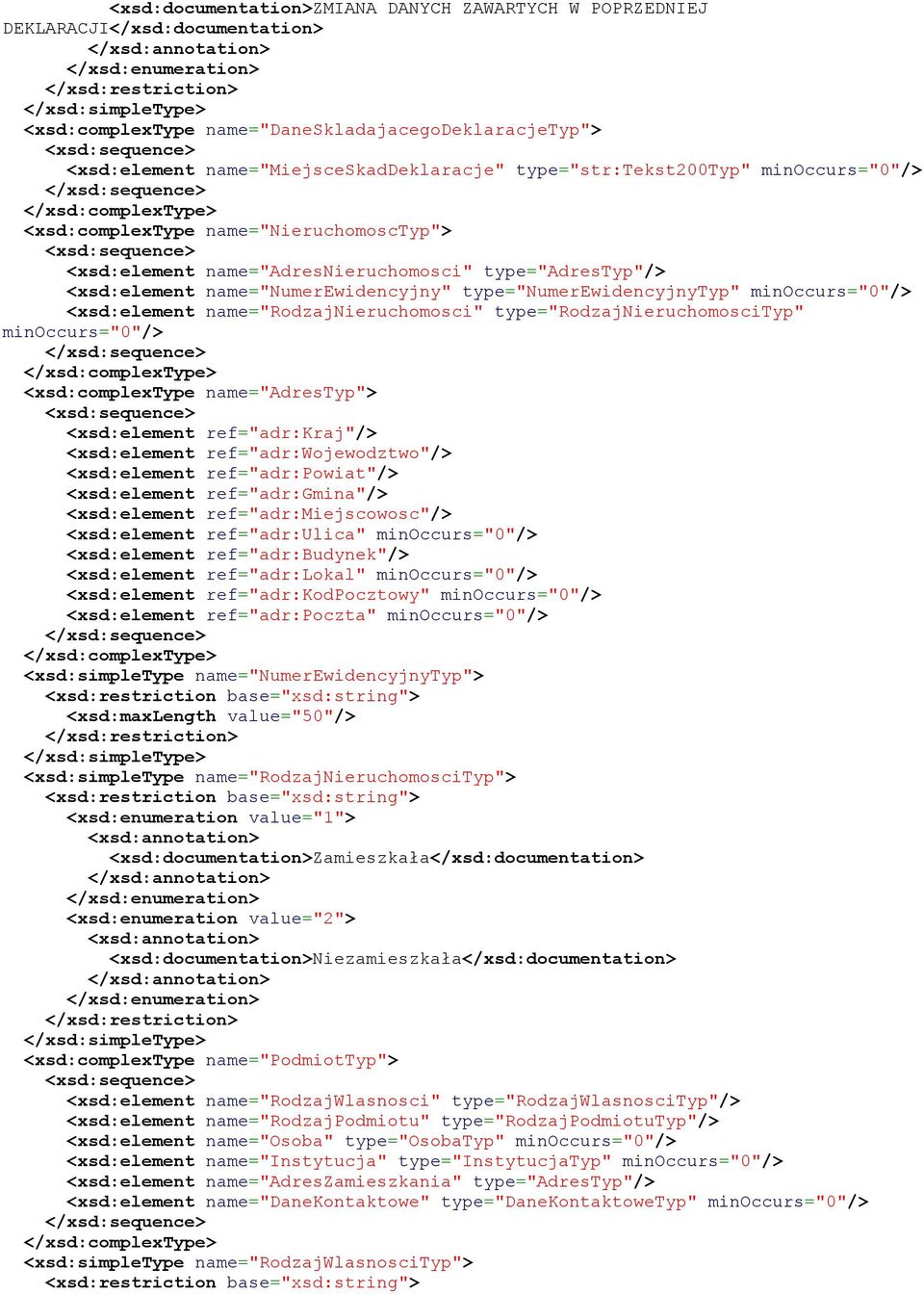 name="numerewidencyjny" type="numerewidencyjnytyp" minoccurs="0"/> <xsd:element name="rodzajnieruchomosci" type="rodzajnieruchomoscityp" minoccurs="0"/> <xsd:complextype name="adrestyp"> <xsd:element