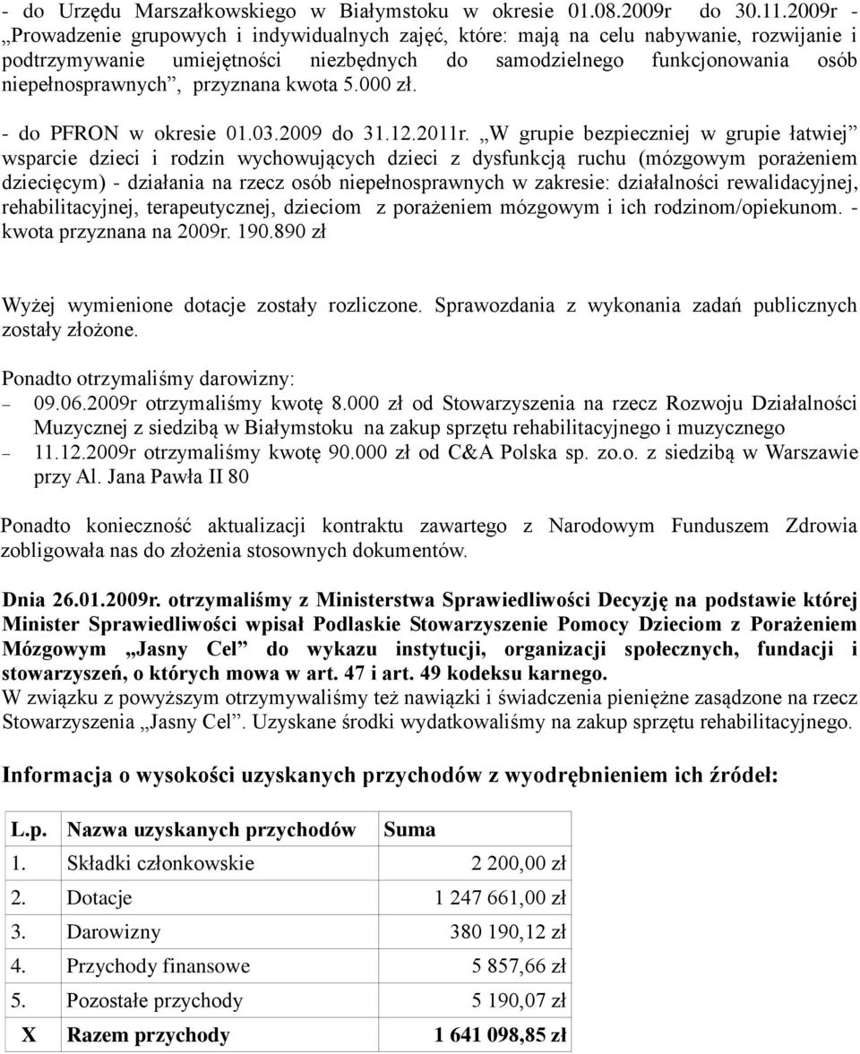 przyznana kwota 5.000 zł. - do PFRON w okresie 01.03.2009 do 31.12.2011r.