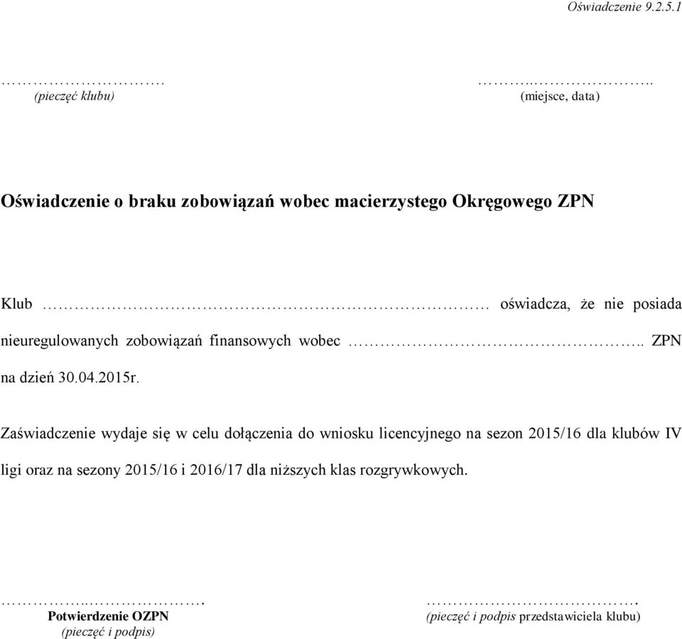 uregulowanych zobowiązań finansowych wobec. ZPN na dzień 30.04.2015r.