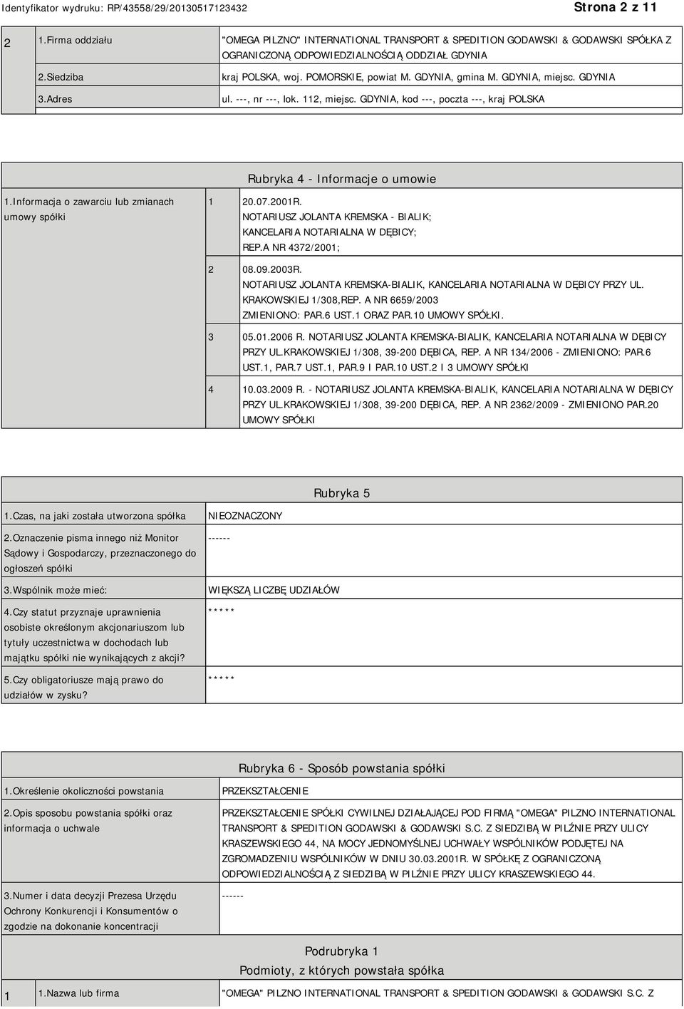 Informacja o zawarciu lub zmianach umowy spółki 1 20.07.2001R. NOTARIUSZ JOLANTA KREMSKA - BIALIK; KANCELARIA NOTARIALNA W DĘBICY; REP.A NR 4372/2001; 2 08.09.2003R.