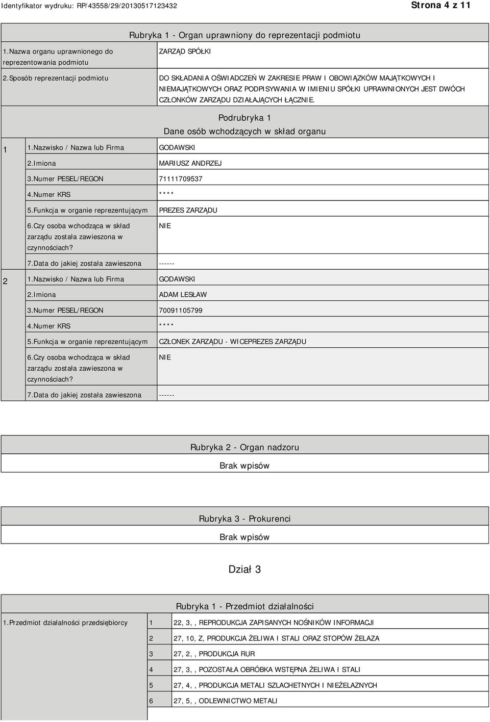 ZARZĄDU DZIAŁAJĄCYCH ŁĄCZNIE. 1 1.Nazwisko / Nazwa lub Firma GODAWSKI Podrubryka 1 Dane osób wchodzących w skład organu 2.Imiona MARIUSZ ANDRZEJ 3.Numer PESEL/REGON 71111709537 4.Numer KRS **** 5.