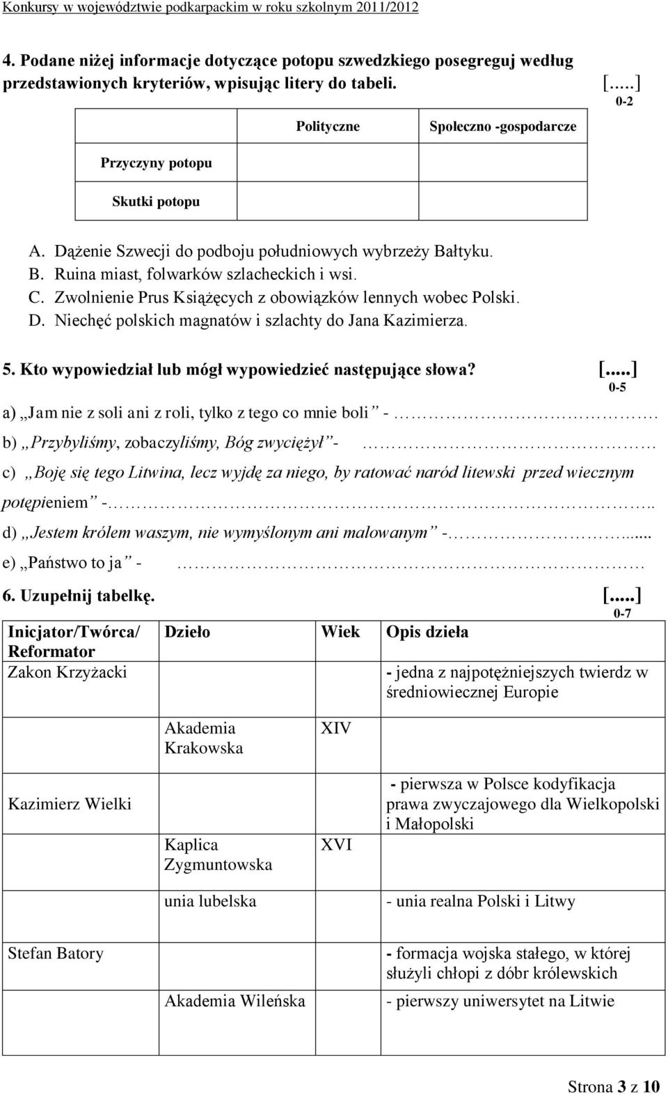 Zwolnienie Prus Książęcych z obowiązków lennych wobec Polski. D. Niechęć polskich magnatów i szlachty do Jana Kazimierza. 5. Kto wypowiedział lub mógł wypowiedzieć następujące słowa? [.