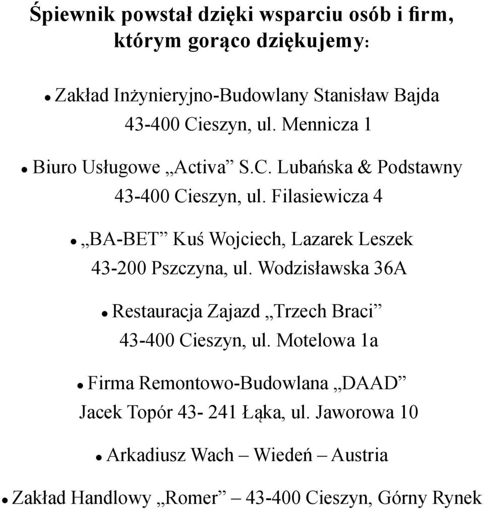 Filasiewicza 4 BA-BET Kuś Wojciech, Lazarek Leszek 43-200 Pszczyna, ul.