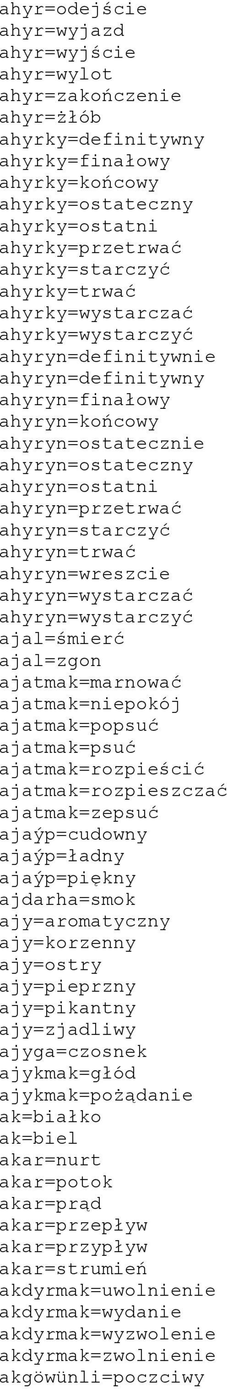 ahyryn=starczyć ahyryn=trwać ahyryn=wreszcie ahyryn=wystarczać ahyryn=wystarczyć ajal=śmierć ajal=zgon ajatmak=marnować ajatmak=niepokój ajatmak=popsuć ajatmak=psuć ajatmak=rozpieścić