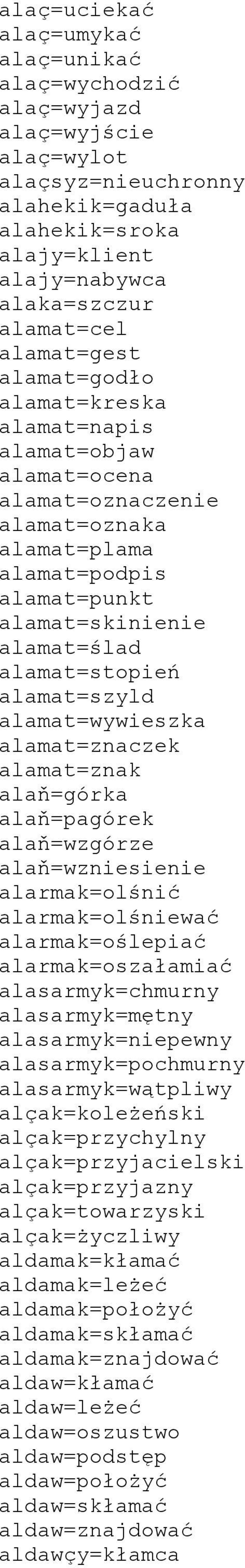 alamat=szyld alamat=wywieszka alamat=znaczek alamat=znak alaň=górka alaň=pagórek alaň=wzgórze alaň=wzniesienie alarmak=olśnić alarmak=olśniewać alarmak=oślepiać alarmak=oszałamiać alasarmyk=chmurny