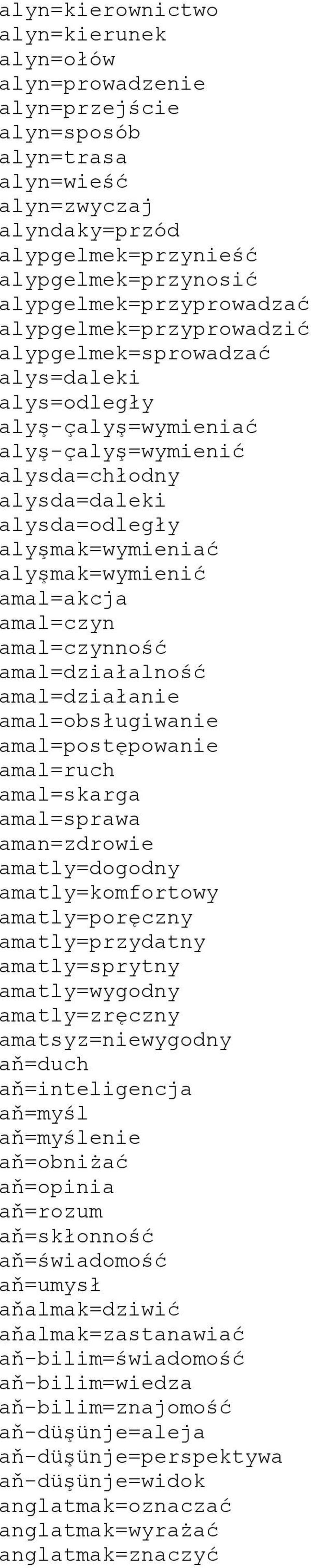 alyşmak=wymienić amal=akcja amal=czyn amal=czynność amal=działalność amal=działanie amal=obsługiwanie amal=postępowanie amal=ruch amal=skarga amal=sprawa aman=zdrowie amatly=dogodny amatly=komfortowy