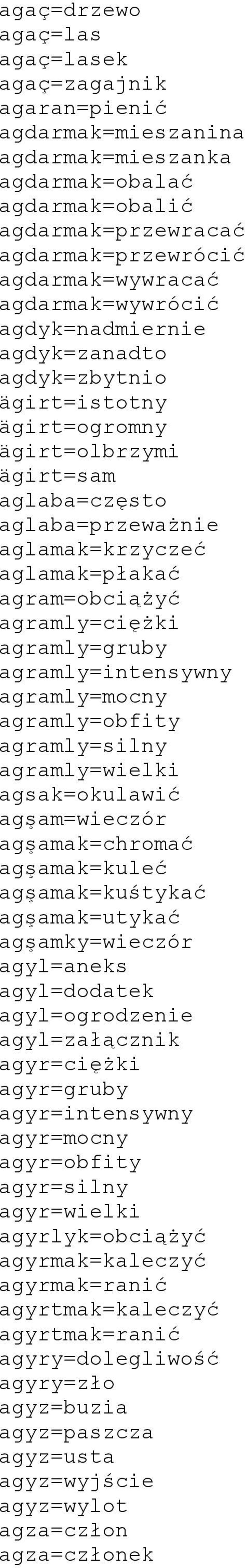 agramly=ciężki agramly=gruby agramly=intensywny agramly=mocny agramly=obfity agramly=silny agramly=wielki agsak=okulawić agşam=wieczór agşamak=chromać agşamak=kuleć agşamak=kuśtykać agşamak=utykać