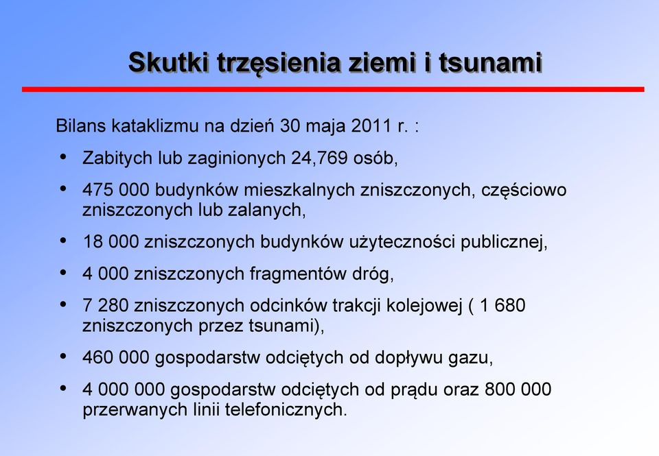 000 zniszczonych budynków użyteczności publicznej, 4 000 zniszczonych fragmentów dróg, 7 280 zniszczonych odcinków trakcji