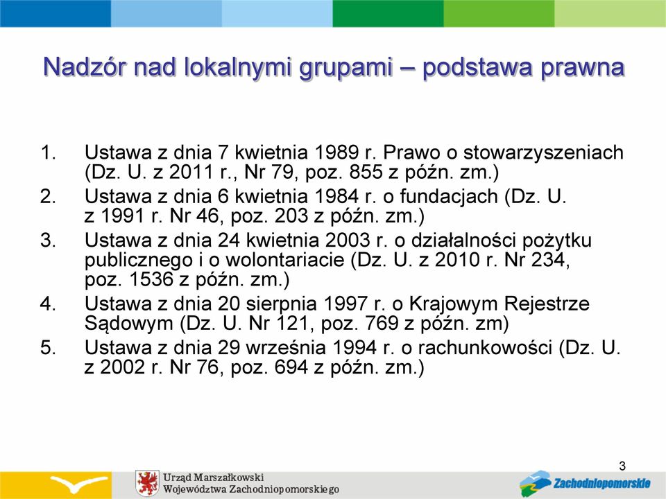 o działalności pożytku publicznego i o wolontariacie (Dz. U. z 2010 r. Nr 234, poz. 1536 z późn. zm.) 4. Ustawa z dnia 20 sierpnia 1997 r.