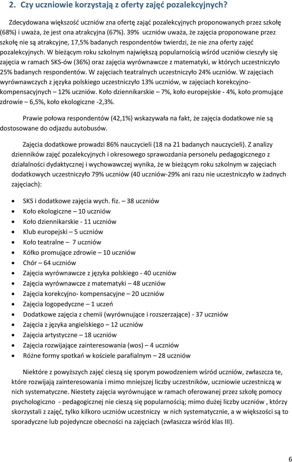 W bieżącym roku szkolnym największą popularnością wśród uczniów cieszyły się zajęcia w ramach SKS-ów (36%) oraz zajęcia wyrównawcze z matematyki, w których uczestniczyło 25% badanych respondentów.