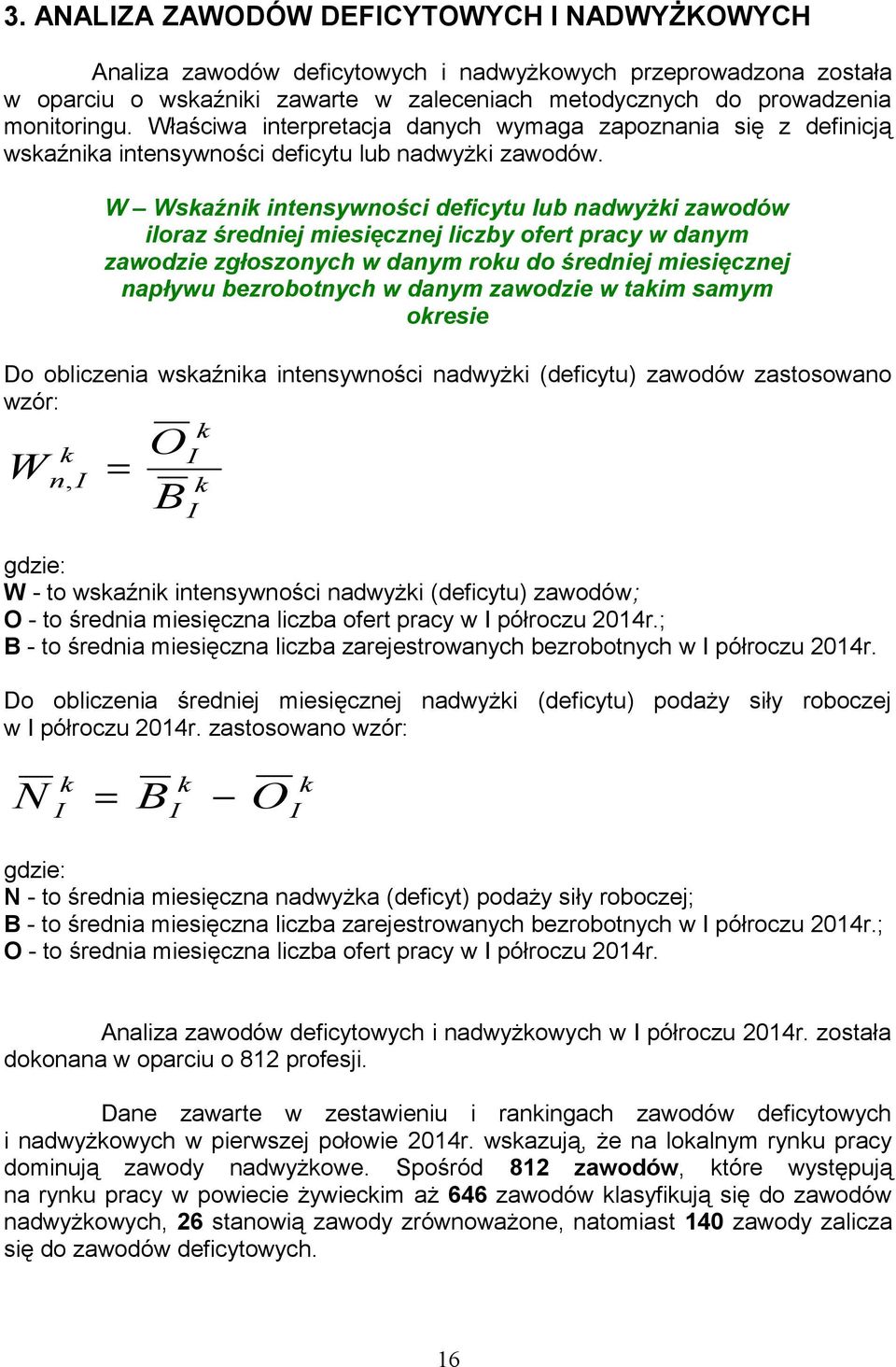 W Wskaźnik intensywności deficytu lub nadwyżki zawodów iloraz średniej miesięcznej liczby ofert pracy w danym zawodzie zgłoszonych w danym roku do średniej miesięcznej napływu bezrobotnych w danym