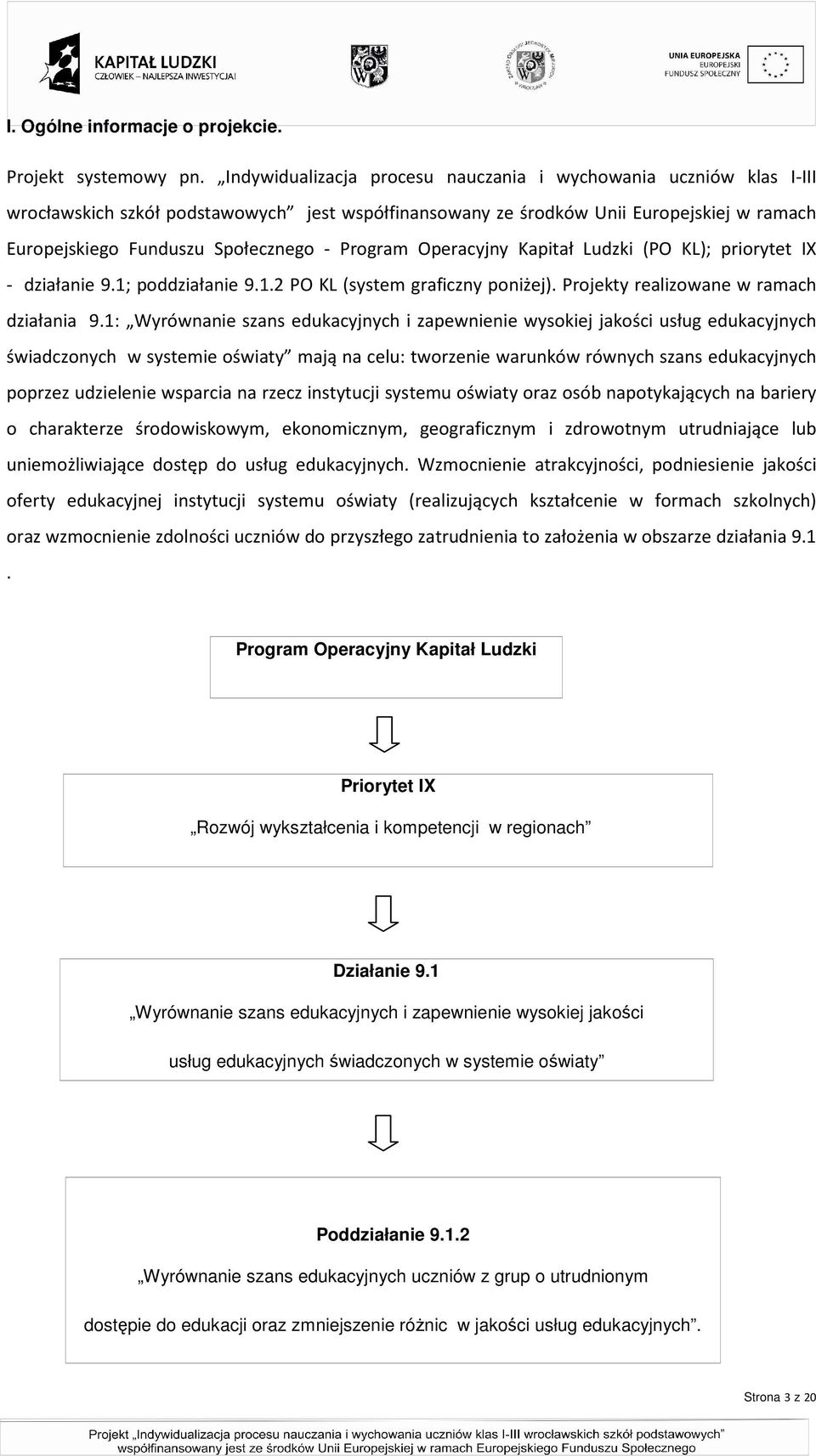 Program Operacyjny Kapitał Ludzki (PO KL); priorytet IX - działanie 9.1; poddziałanie 9.1.2 PO KL (system graficzny poniżej). Projekty realizowane w ramach działania 9.