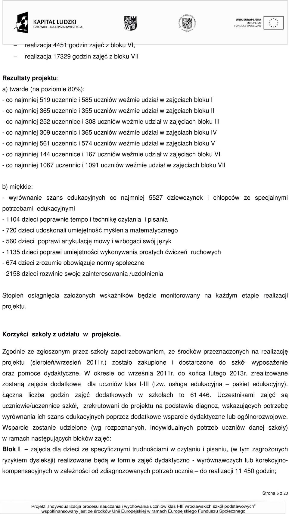 uczniów weźmie udział w zajęciach bloku IV - co najmniej 561 uczennic i 574 uczniów weźmie udział w zajęciach bloku V - co najmniej 144 uczennice i 167 uczniów weźmie udział w zajęciach bloku VI - co