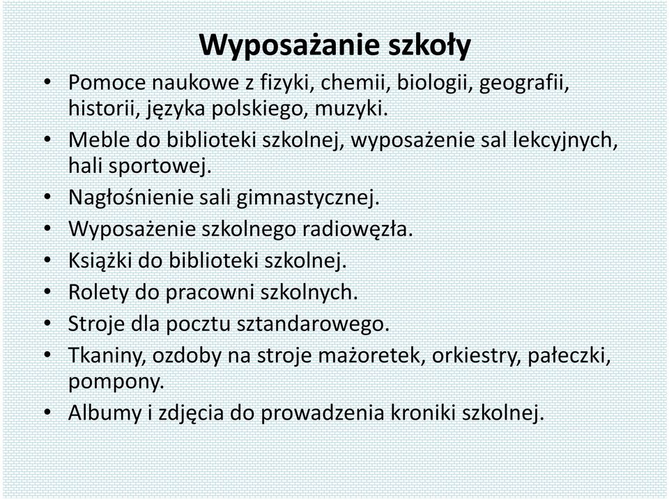 Wyposażenie szkolnego radiowęzła. Książki do biblioteki szkolnej. Rolety do pracowni szkolnych.