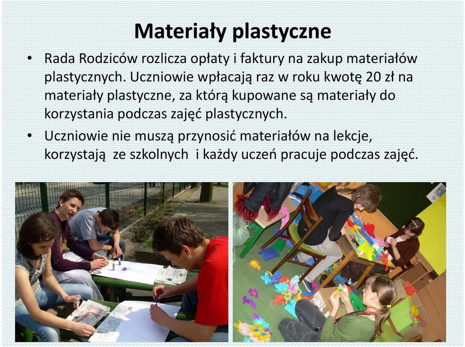 Uczniowie wpłacają raz w roku kwotę 20 zł na materiały plastyczne, za którą kupowane