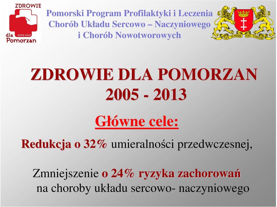 Główne cele: Redukcja o 32% umieralności przedwczesnej, Zmniejszenie o