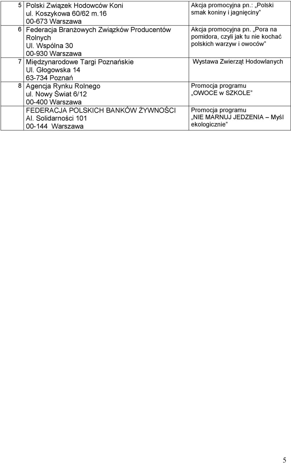 Nowy Świat 6/12 00-400 Warszawa FEDERACJA POLSKICH BANKÓW ŻYWNOŚCI Al. Solidarności 101 00-144 Warszawa Akcja promocyjna pn.