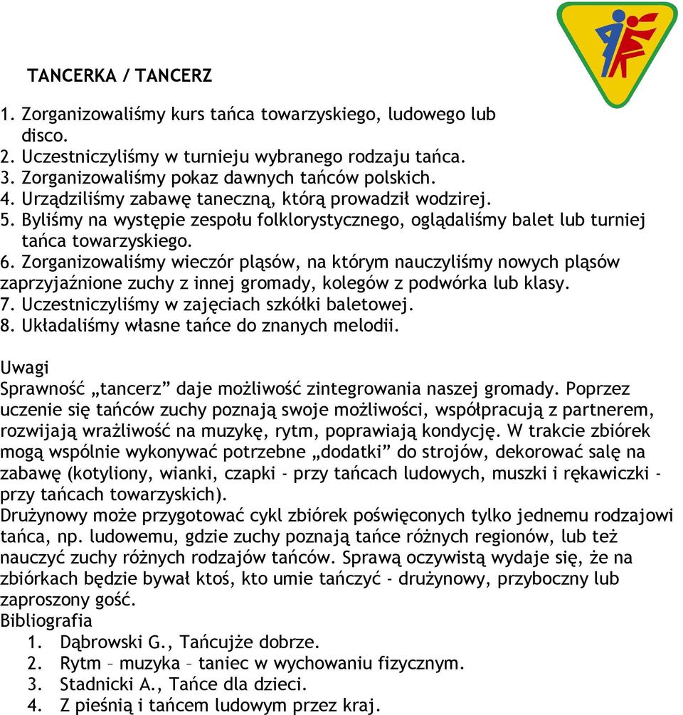 Zorganizowaliśmy wieczór pląsów, na którym nauczyliśmy nowych pląsów zaprzyjaźnione zuchy z innej gromady, kolegów z podwórka lub klasy. 7. Uczestniczyliśmy w zajęciach szkółki baletowej. 8.